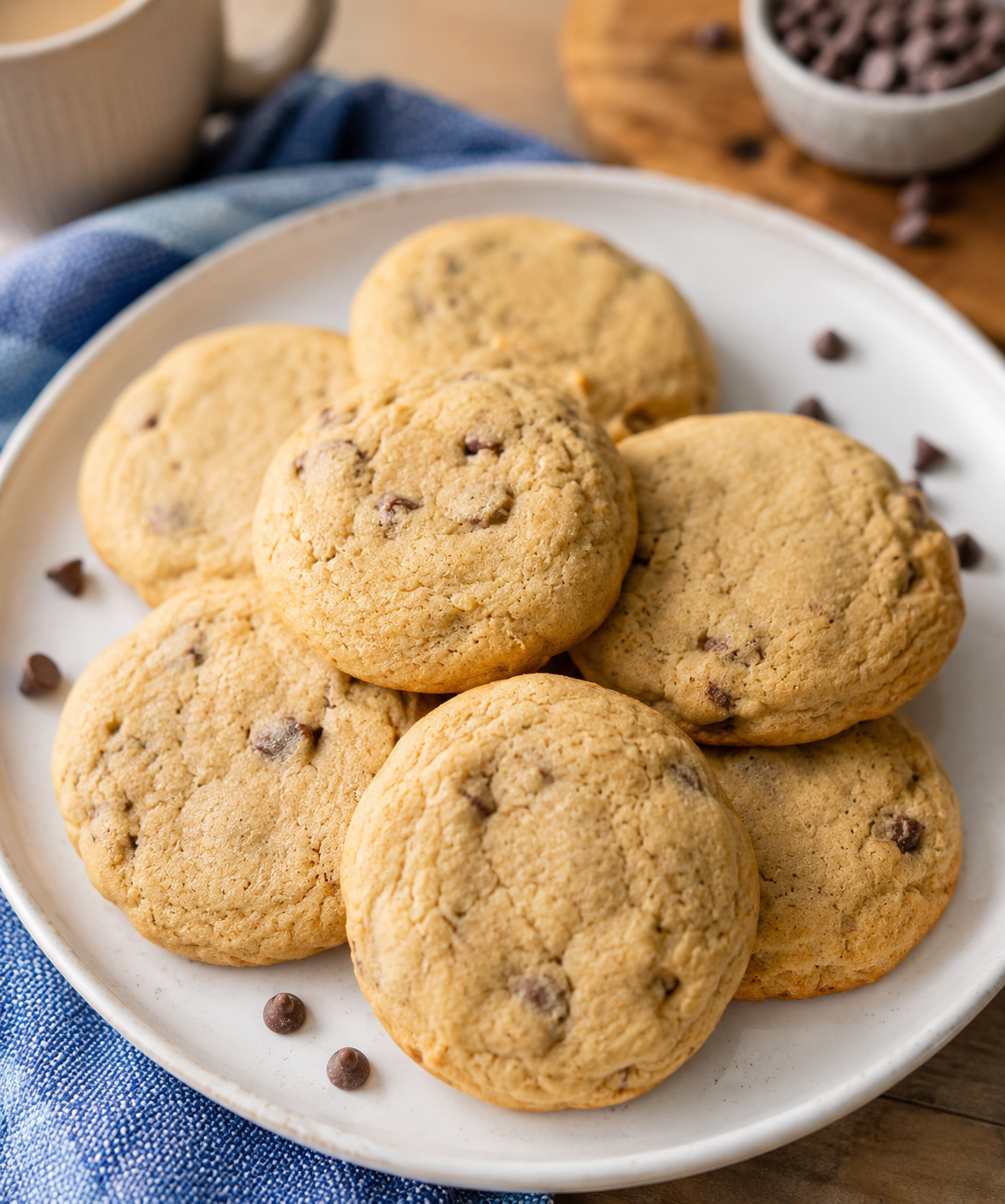 Stack of fresh-baked chocolate chip cookies on a linen napkin
