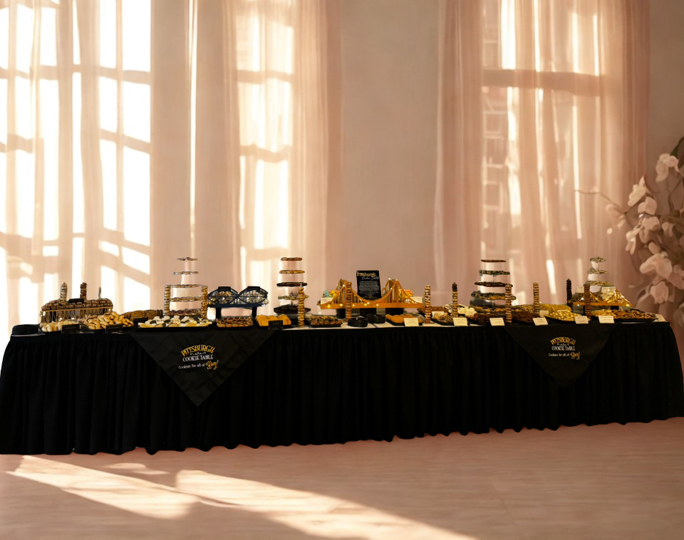 Elegant Pittsburgh cookie table with black draping and gold accents