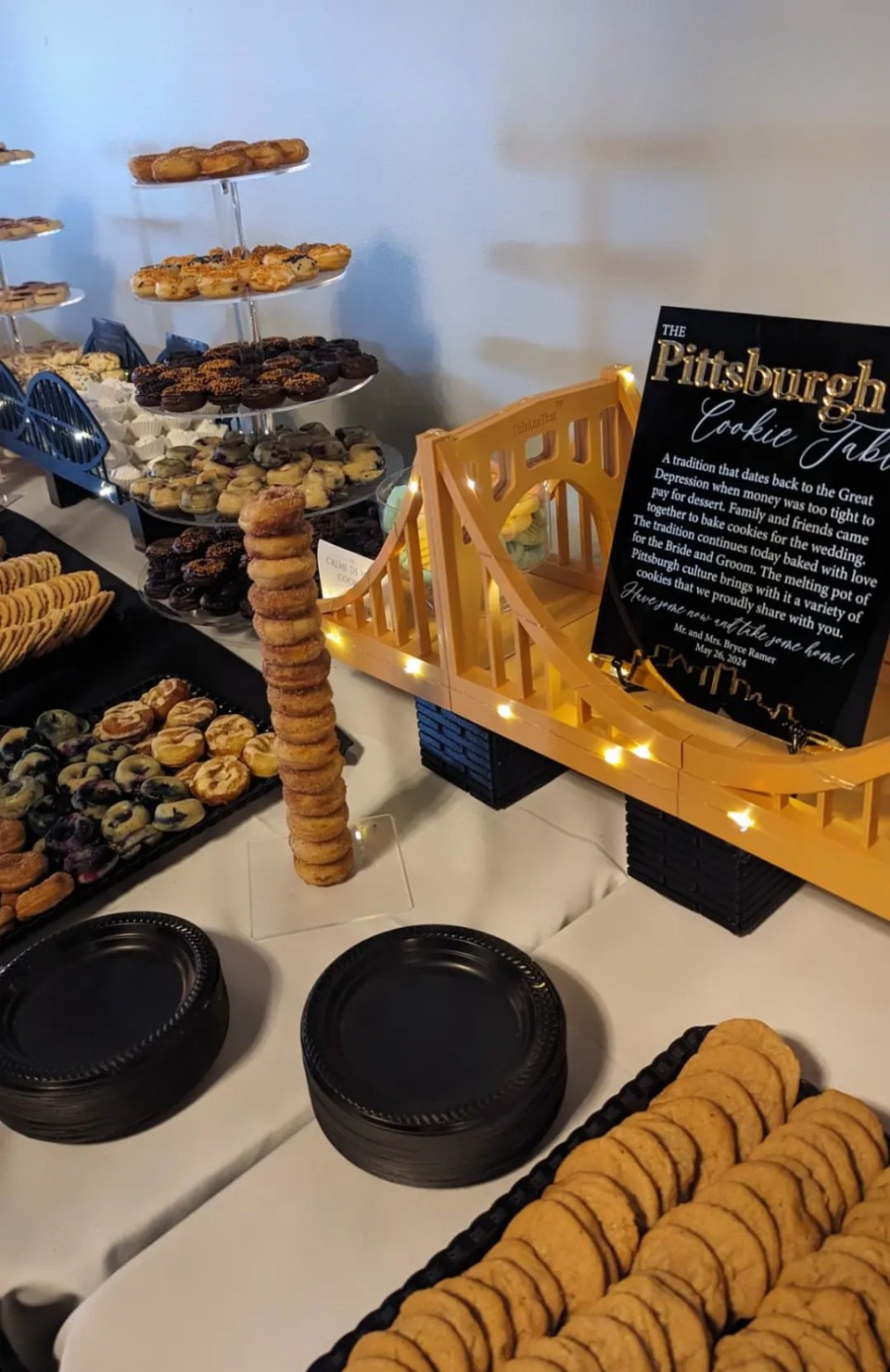 Close-up of cookie table assortment with Pittsburgh bridge décor