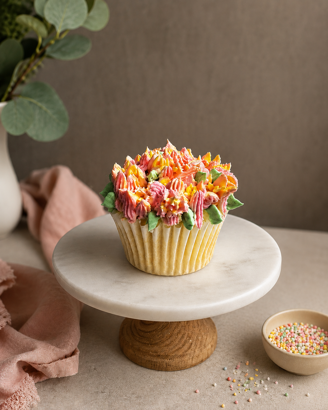 Cupcake topped with delicate buttercream rose floral piping