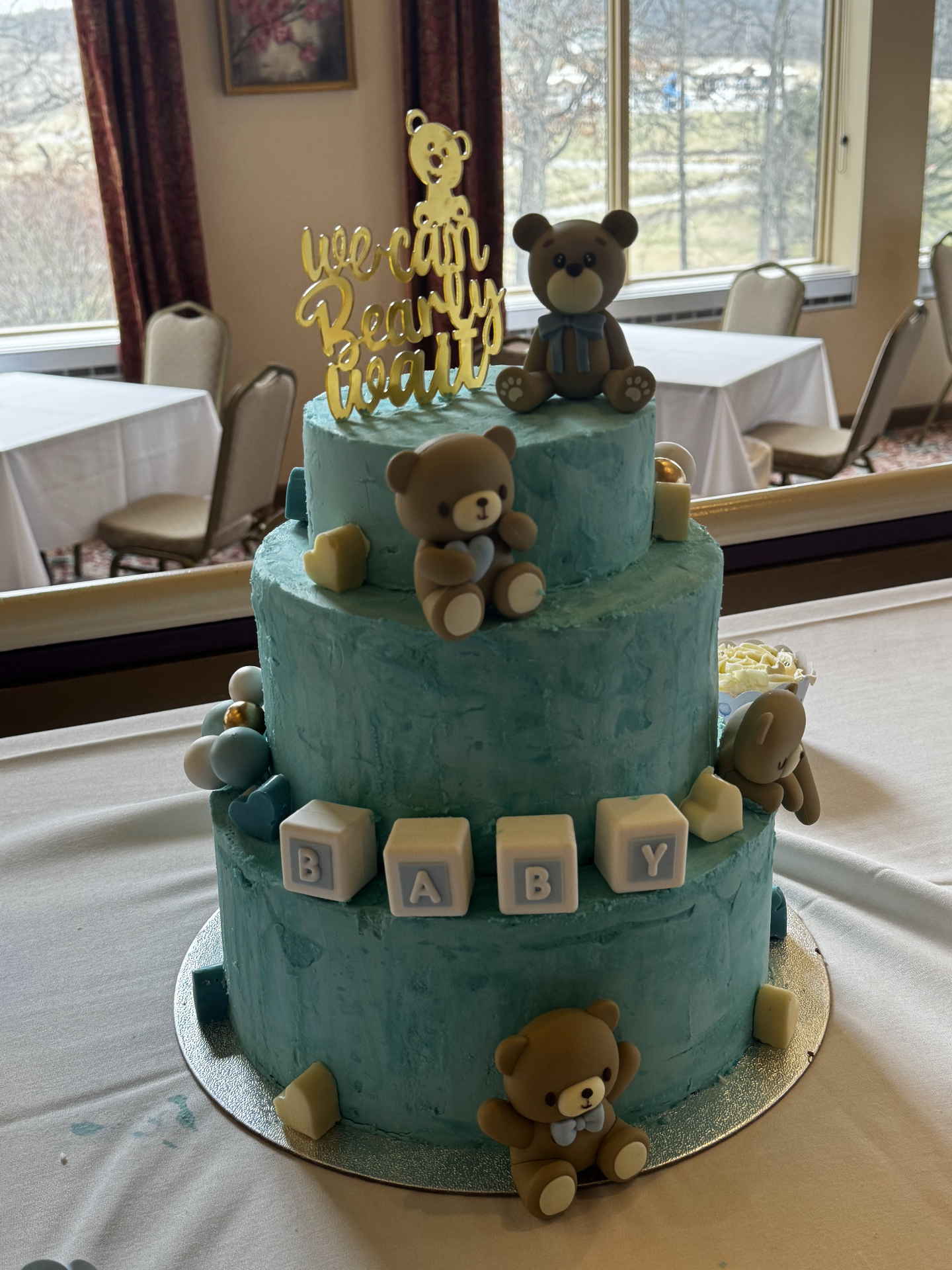 Teal teddy bear baby shower tiered cake