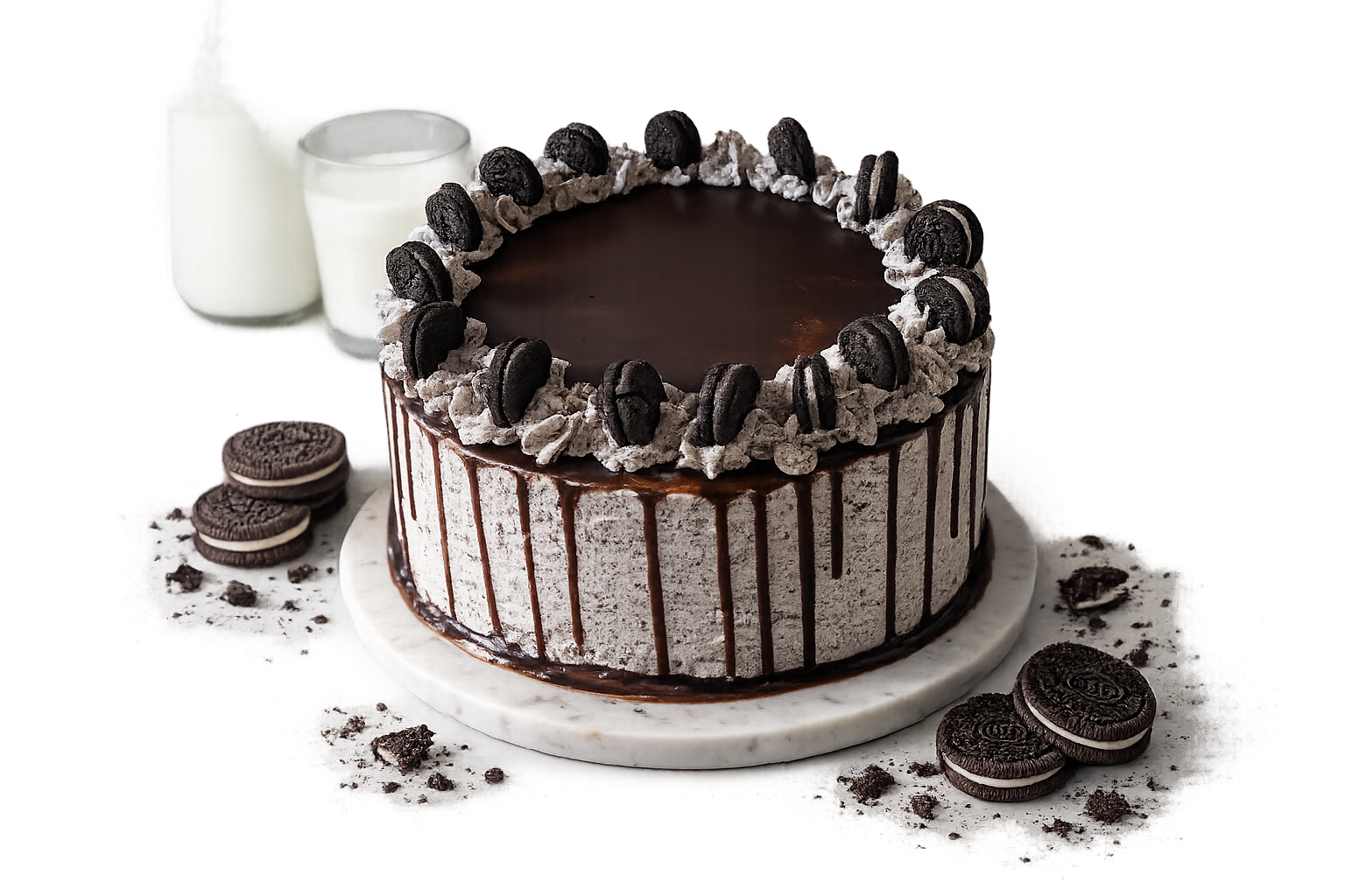 Oreo cookies and cream layer cake with chocolate drip
