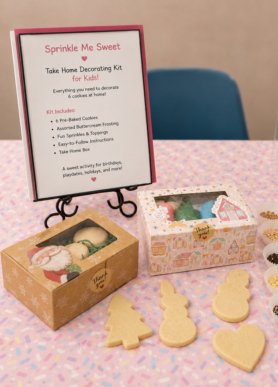 Take-home cookie decorating kit with star-shaped sugar cookies, icing bags, and sprinkles