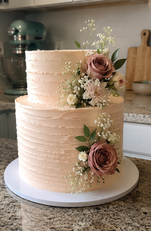 Two-tier blush buttercream cake with dusty pink roses and baby's breath