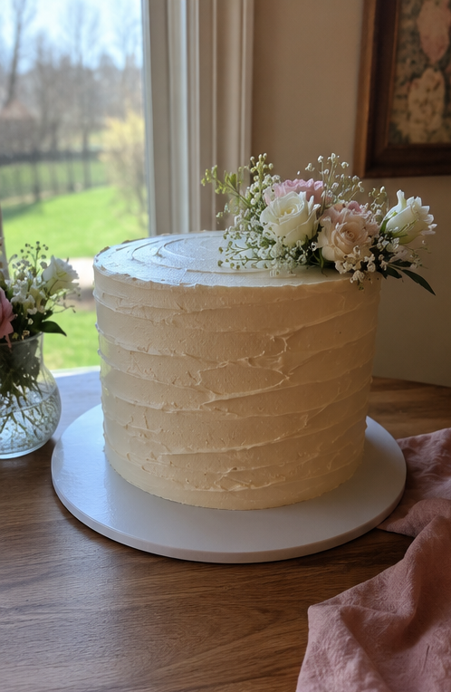Single-tier ivory rustic buttercream cake with fresh white florals