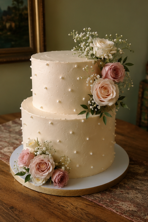 Two-tier ivory cake with pearl details and blush garden roses