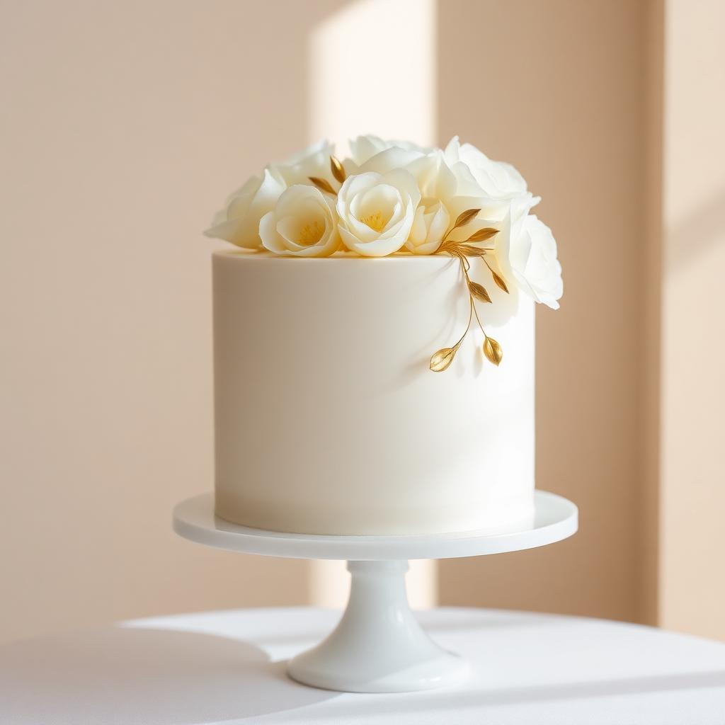 Elegant single-tier white cake with ivory sugar flowers and gold leaf