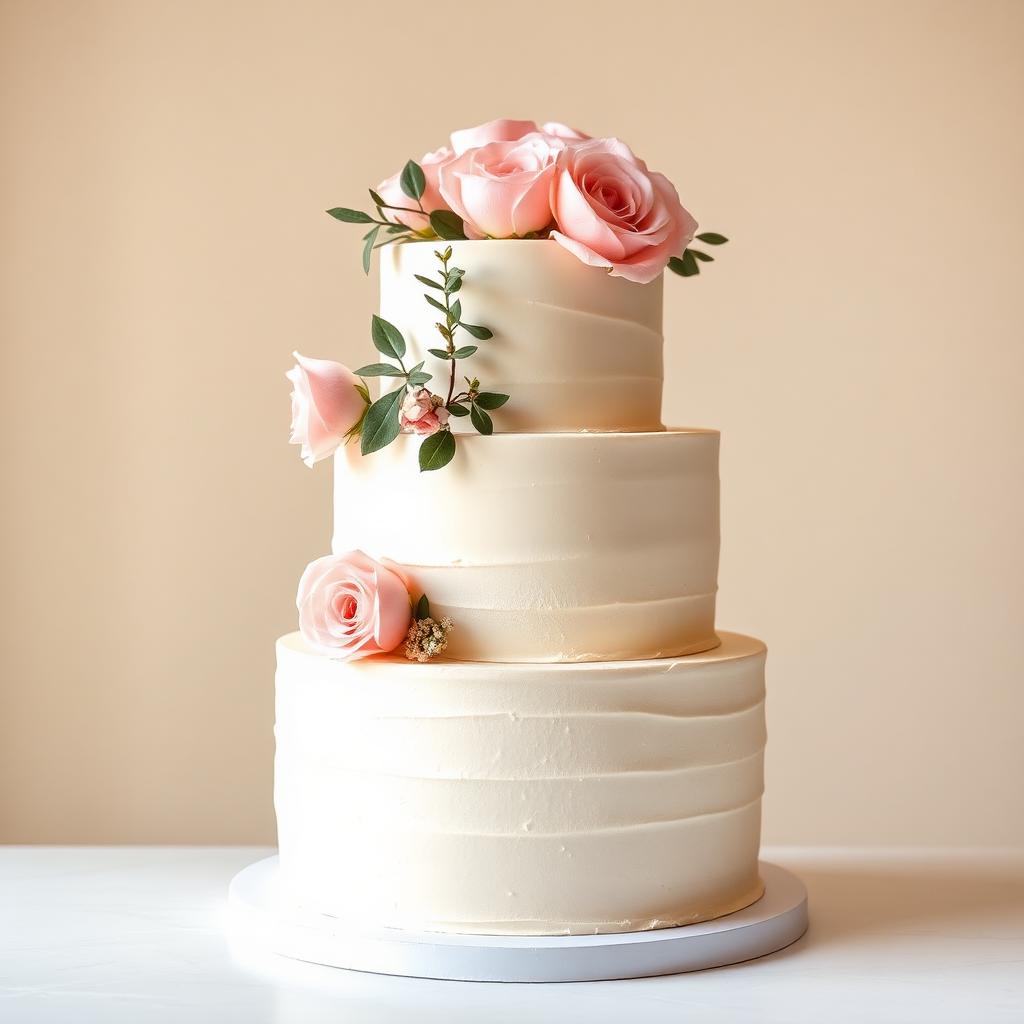 Three-tier ivory buttercream cake with blush roses and eucalyptus