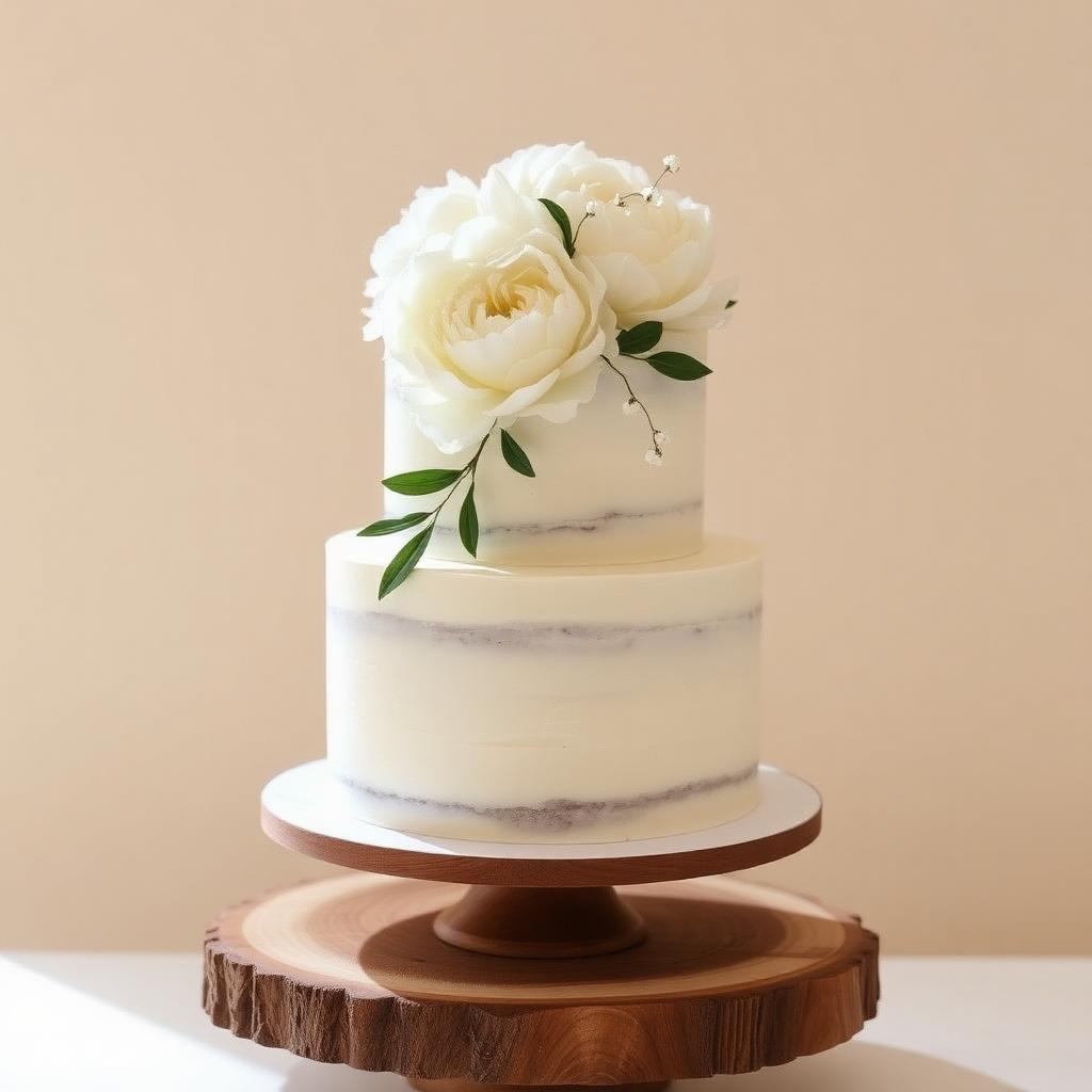 Two-tier semi-naked wedding cake with white peonies on wood stand