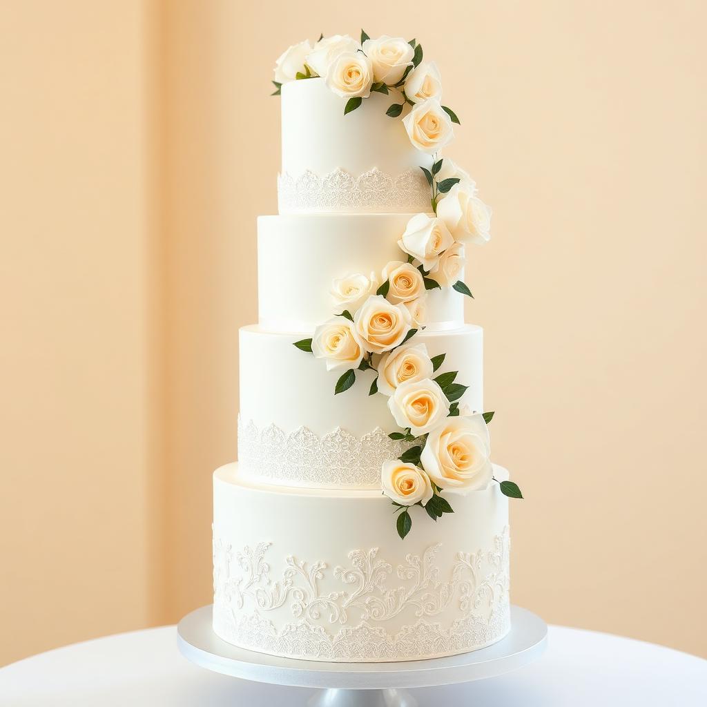Four-tier white wedding cake with piped lace and cascading roses